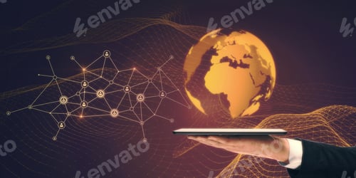 Preview: Close Up Of Businessman Hand Holding Tablet With Glowing Globe Hologram With Polygonal Mesh On Dark