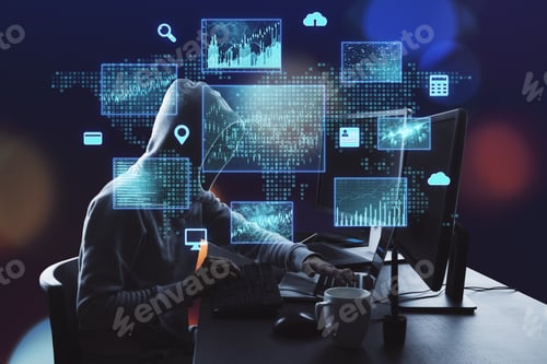 Preview: Hacker Using Computer With Digital Finance And Data Protection Interface. Protection Concept