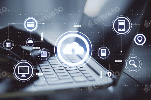 Preview: Data Transfer Technology Concept With Virtual Cloud Service Icons And Hands On Laptop Keyboard