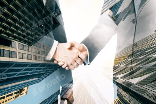 Preview: Side View Of Businessmen Shaking Hands Together On Bright City Background. Teamwork And Deal