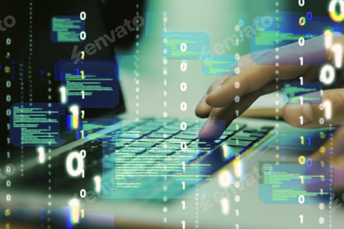 Preview: Close Up Of Hands Using Laptop Keyboard With Abstract Coding Binary Code Hologram On Blurry