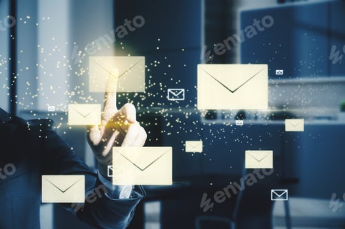 Preview: Close Up Of Businessman Hand Pointing At Creative Glowing Letters Interface On Blurry Office