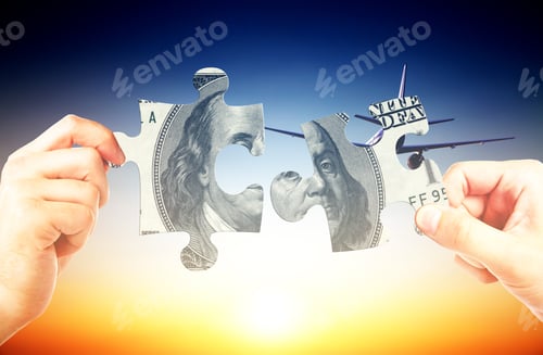 Preview: Hands Putting Money Puzzle Pieces Together On Bright Background. Business Challenge Concept