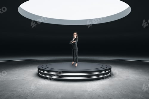 Preview: Thoughtful Young European Businesswoman Standing In Abstract Space Ship Interior On Round Pedestal