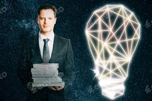 Preview: Man With Book Stack And Abstract Lamp On Sky Background. Double Exposure. Knowledge And Idea Concept