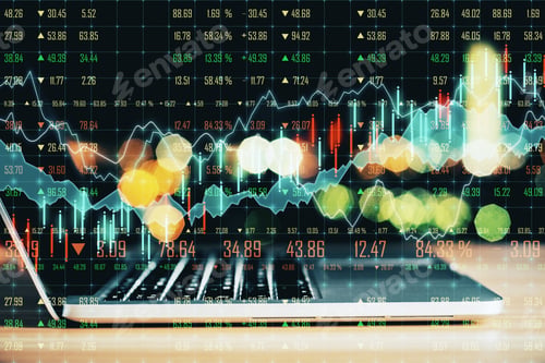 Preview: Side View Of Laptop With Forex Chart On Blurry Background. Analytics And Finance Concept. Double