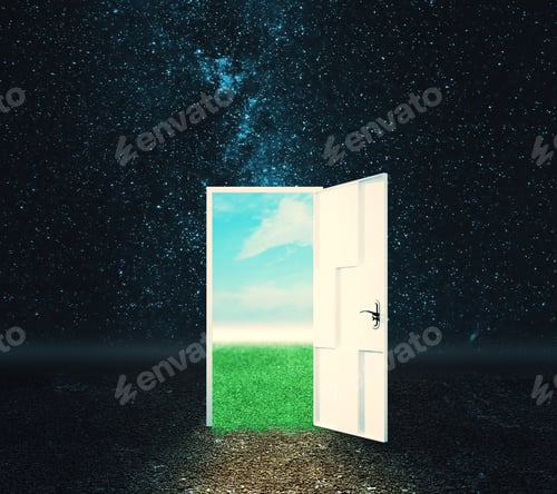 Preview: Creative Opportunity Door On Abstract Outdoor Sky Landscape Background. Success And Future Concept