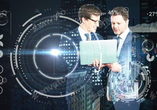 Preview: Cheerful Handsome Businessmen Using Laptop With Abstract Digital Pattern. Business Technologies And