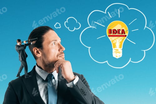 Preview: Handsome European Businessman Thinking About Idea Lamp On Blue Sky Background. Innovation And