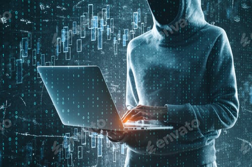 Preview: Side View Of Hacker Using Laptop With Forex Chart. Trade And Phishing Concept. Double Exposure