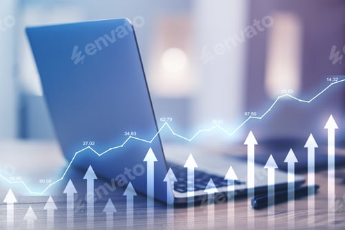 Preview: Stock Market Increase Concept With Opened Laptop And Digital Arrows And Financial Diagram. Double