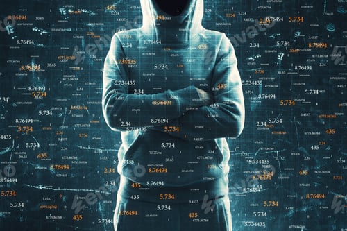 Preview: Hacker With Folded Amrs Standing On Abstract Binary Code Background. Hacking And Report Concept