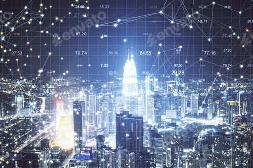 Preview: Point Stock Charts Hologram On Modern City Background. Business Trading Concept. Double Exposure