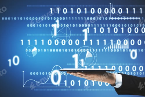 Preview: Close Up Of Businessman Hand Holding Tablet Abstract Glowing Interface With Binary Code And