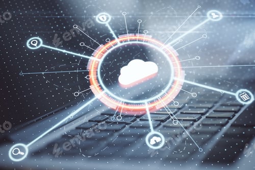 Preview: Cloud Computing Service Concept With Digital Cloud Sign With Internet Service Icons On Laptop