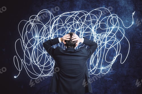 Preview: Back View Of Confused Young Businessman With Scribble Sketch. Confusion And Think Concept