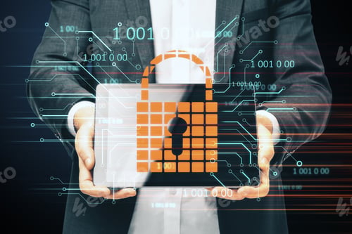 Preview: Businessman Holding Tablet With Glowing Digital Padlock Interface. Safety And Protection Concept