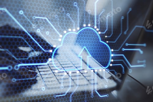 Preview: Close Up Of Hands Using Laptop Keyboard With Abstract Glowing Cloud And Chip Interface On Blurry