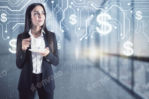 Preview: Woman With Cup Of Coffee On Dollar Symbols Sketch Background