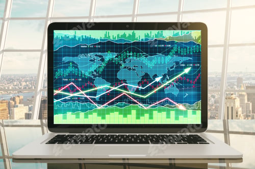 Preview: Business Graph With Glowing Arrows On Laptop Screen On Glassy Table In The Office