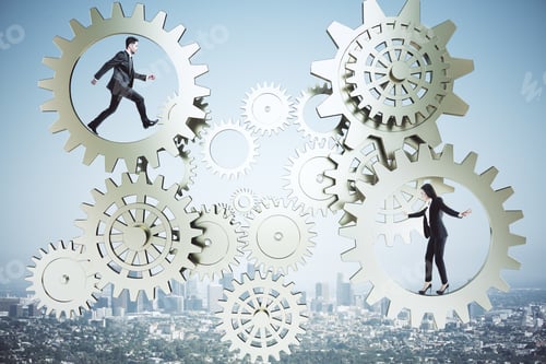 Preview: Businessman And Businesswoman Walking In Golden Gears System On City Background. Business And