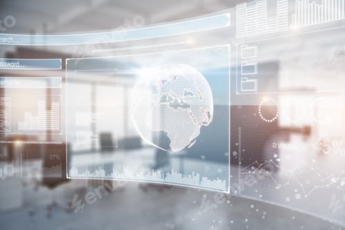 Preview: Futuristic Interface In Blurry Office Interior. Innovation Concept. Double Exposure