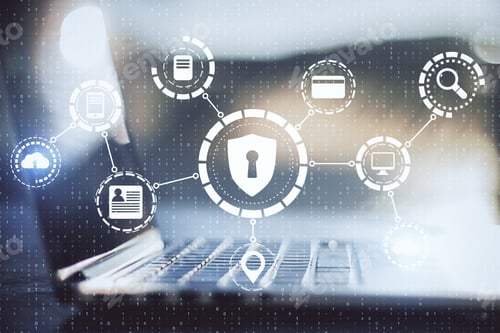 Preview: Modern Workplace With Laptop And Antivirus Interface. Safety Concept. Double Exposure