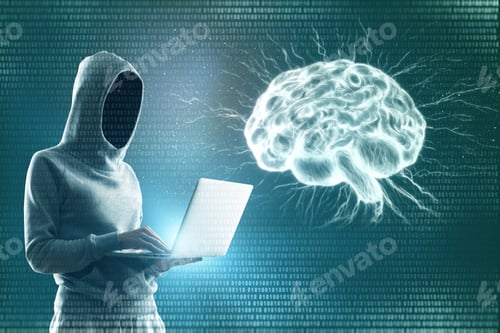 Preview: Side View Of Hacker Using Laptop With Glowing Brain Hologram. Hacking And Artificial Intelligence