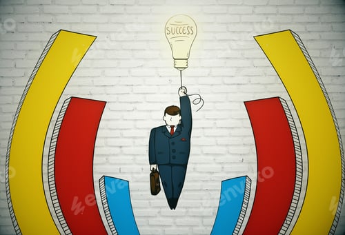 Preview: Abstract Sketch On Flying Businessman With Light Bulb Balloon And Briefcase In Hands On Brick