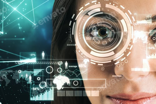 Preview: Portrait Of Young Businesswoman Face With Digital Business Interface. Face Recognition And Access