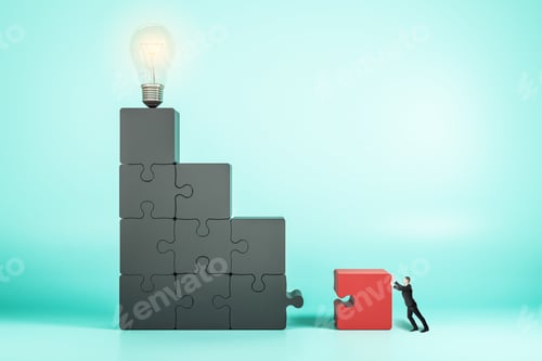 Preview: Businessman Assembling Jigsaw Steps With Lamp On Blue Background. Idea, Quiz And Growth Concept.