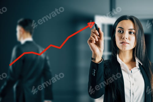 Preview: Attractive Young European Woman Drawing Upward White Economic Arrow In Blurry Office Interior With