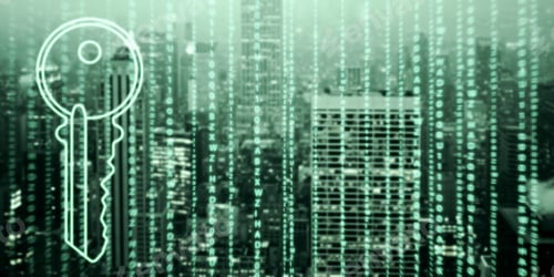 Preview: Abstract Digital Key On Dark Coding Language City Background With Mock Up Place. Technology And Web