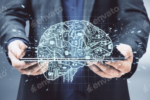 Preview: Businessman In Suit Holding Tablet With Glowing Circuit Brain Hologram. Ai And Business