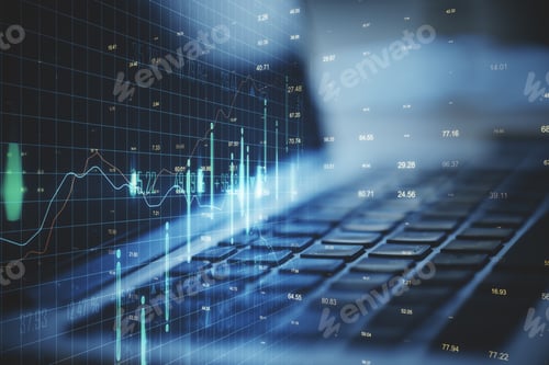 Preview: Close Up Of Laptop With Creative Forex Chart On Blurry Desktop Backround With Lines. Finance And