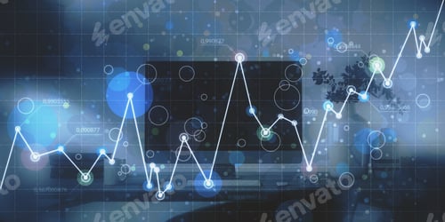 Preview: Close Up Of Workplace With Computer Monitor And Abstract Glowing Business Chart On Blurry Grid