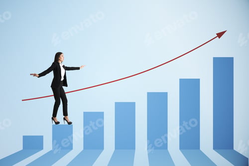 Preview: Attractive Young European Businesswoman Balancing On Blue Business Chart And Red Arrow. Finance