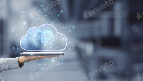 Preview: Close Up Of Female Hand Holding Tablet With Abstract Glowing Cloud Hologram With Globe And Safety