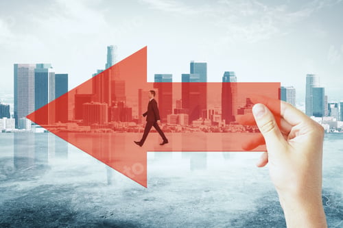 Preview: Hand Holding Red Arrow With Walking Businessman On City Background. Growth And Forward Concept