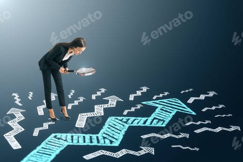 Preview: Young Woman Using Magnifier To Look At Drawn Arrow On Dark Background. Research And Success Concept