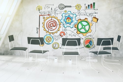 Preview: Business Scheme Concept On Concrete Wall In Light Room With Chairs 3D Render