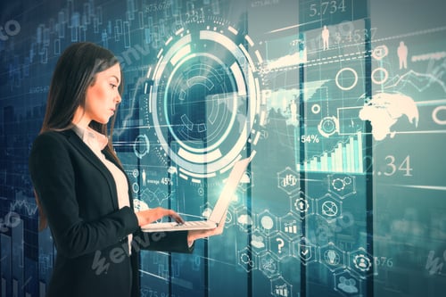 Preview: Attractive Young European Businesswoman Using Laptop With Creative Business Hologram On Blurry City