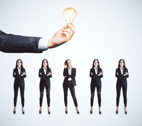 Preview: Five Businesswoman In Suit And Hand Holding Lightbulb. Innovation And Start Up Concept