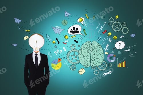 Preview: Start Up And Idea Concept With Man In Black Suit And Light Bulb Instead Of Head On Handwritten