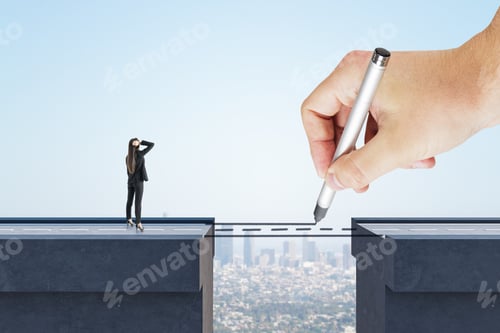 Preview: Thoughtful Female Looking At Abstract Pencil Drawing Road Gap On Bright Sky Background. Trust And
