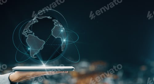 Preview: Global Telecommunication Concept With Human Hand Holding Digital Tablet Projecting World Map With