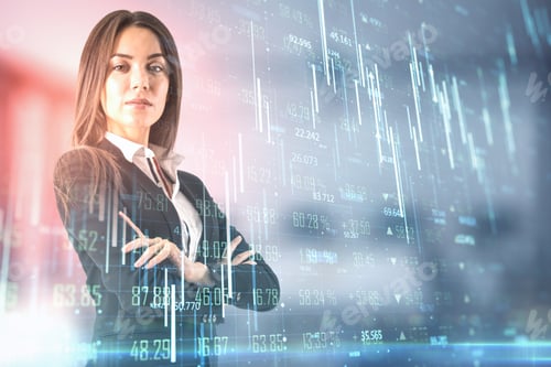 Vista previa: Businesswoman With Forex Chart And Arrows Hologram. Trade And Financial Growth Concept