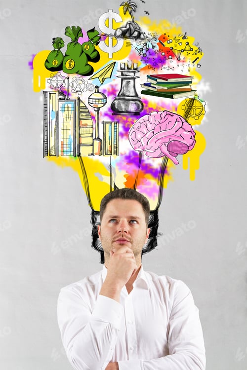 Preview: Portrait Of Handsome Thoughtful Young Man On Concrete Background With Colorful Light Bulb Sketch