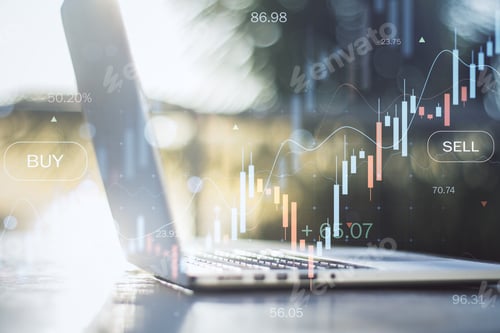Preview: Close Up Of Laptop With Glowing Forex Chart On Blurry Background. Trade, Finance And Money Concept