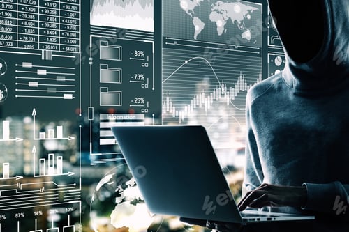 Preview: Malware And Hud Concept. Side View Of Hacker Using Laptop With Digital Business Interface On Blurry